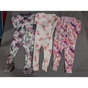 Bundle Lot Burt's Bees Baby Girl 12 Months Organic Floral Footed Zip Pajamas EUC